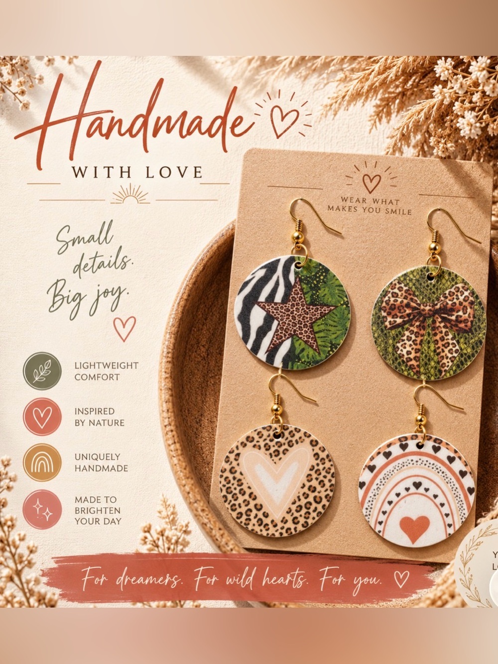 Handmade Round Statement Earrings - Animal & Heart Prints - Rainbow